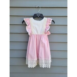 Vintage Handmade Pinafore Dress Pink White Lace Ruffle Sash Tie‎ Girls Size 5/6